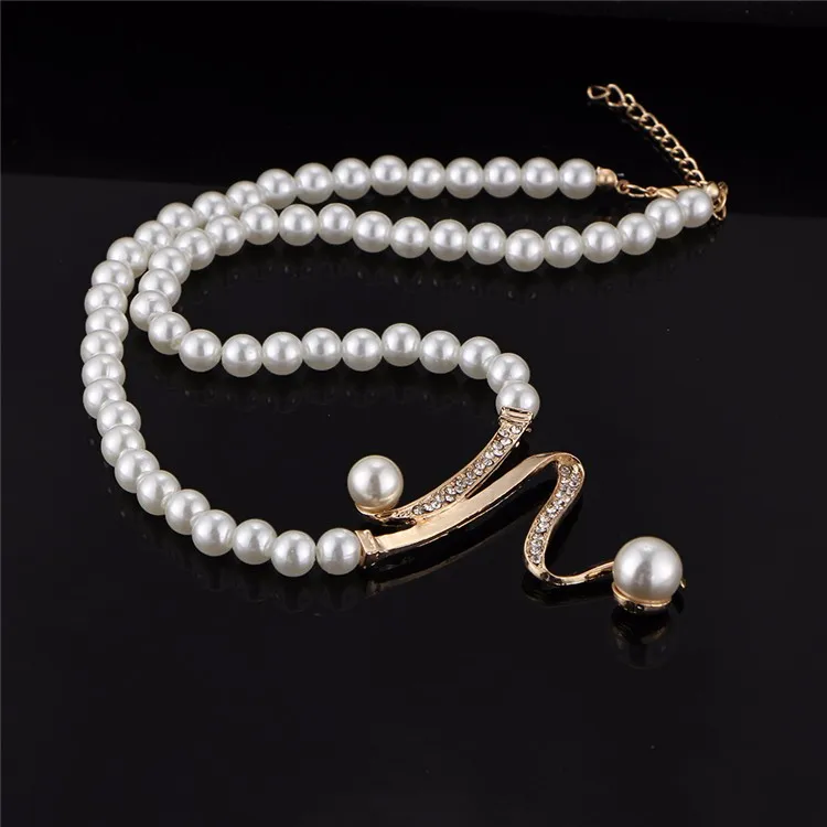 17KM Vintage Simulated Pearl Jewelry Sets For Women Wedding Bridal Crystal Necklace Earrings Gold Color Bracelet African Set 42