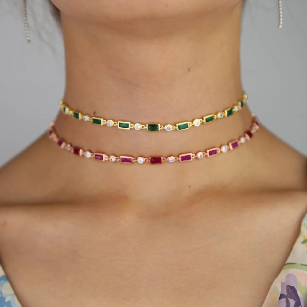 

short choker necklace green red cubic zirconia cz station link chain 32+8cm Gold filled fashion collar chokers