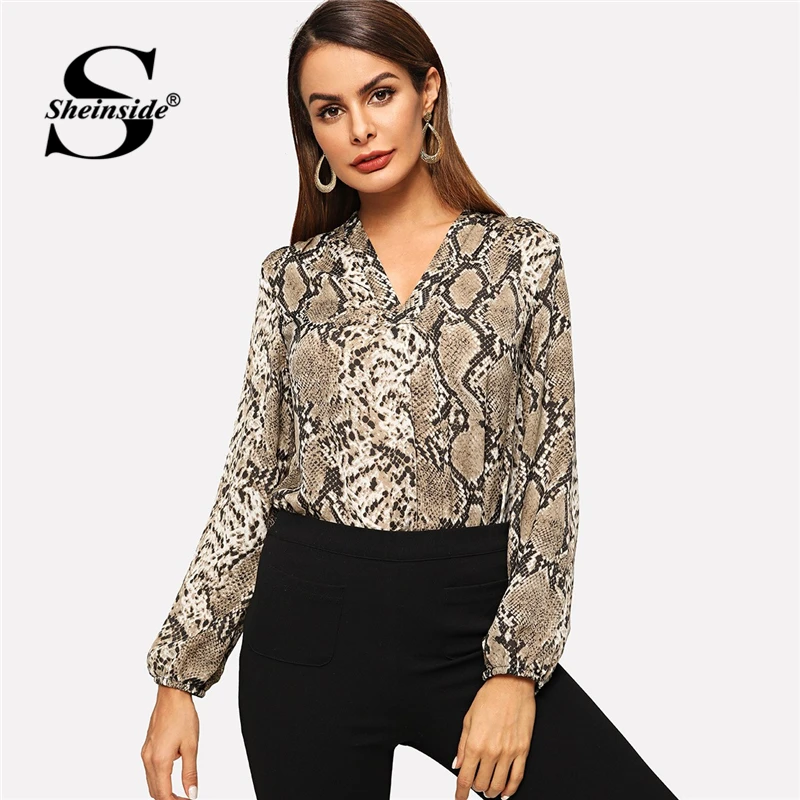 Sheinside V Neck Snake Skin Print Top Long Sleeve Elegant Blouse Women Shirts Casual Ladies Tops An