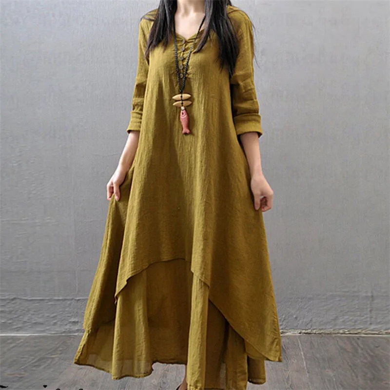 Plus Size Women Boho Long Sleeve Linen Dress Peasant Ethnic Loose Maxi ...