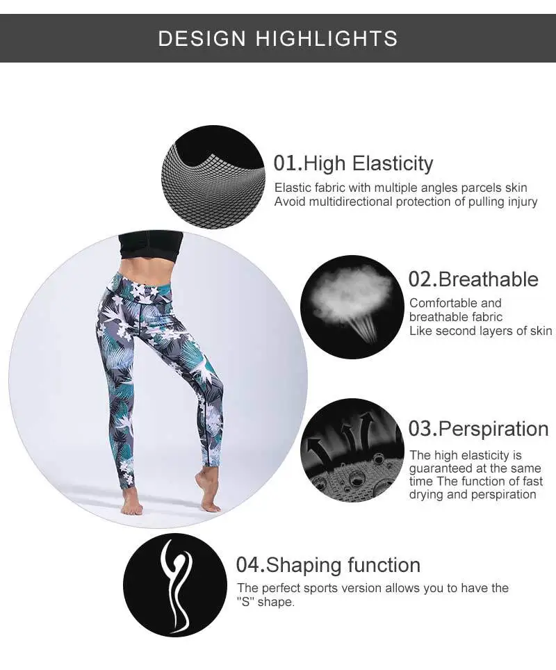 Women's Yoga Pants Side Pocket Ankle Length Pants Stretch Fitness Gym Tights Pants Flower Printed3