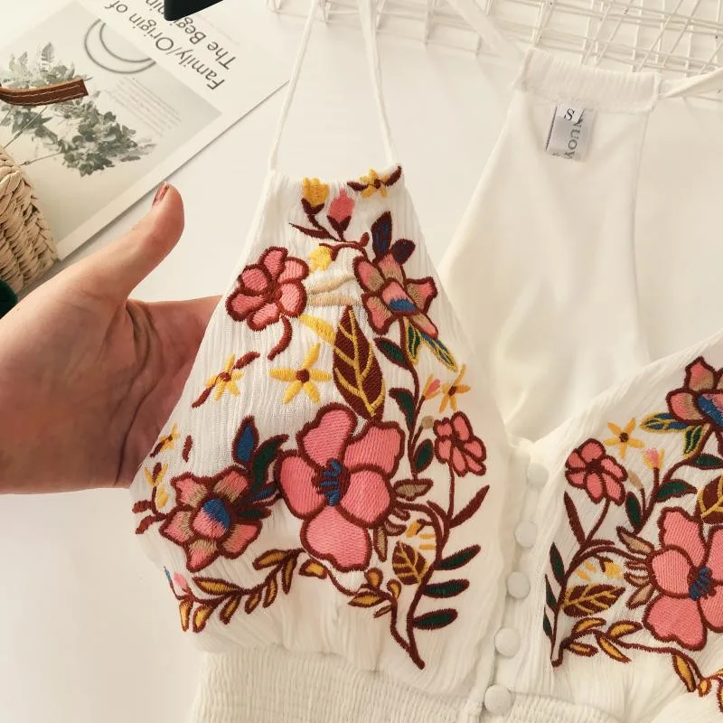 Женский сексуальный топ на бретельках в богемном стиле с вышитыми цветами v