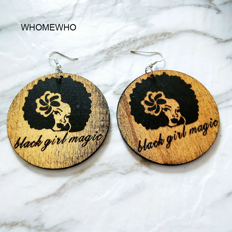 

Natural Wood Black Girl Magic Engraved Women Head Tribal Tropical Earrings Vintage Wooden African Hiphop Jewelry Club Accessory