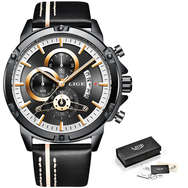 2019 Erkek Kol Saati LIGE New Mens Watches Top Brand Luxury Fashion Quartz Clock Men Casual Leather Black Sport Waterproof Watch