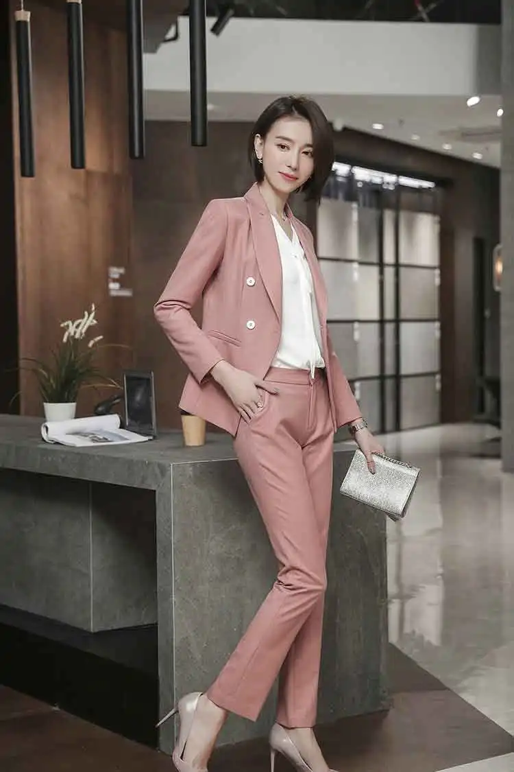 Розовый Женский блейзер брюки костюмы новые корейские тонкие двубортные с длинным рукавом профессиональные женские формальные пиджаки костюмы из двух частей - Цвет: Pink Pants Suits