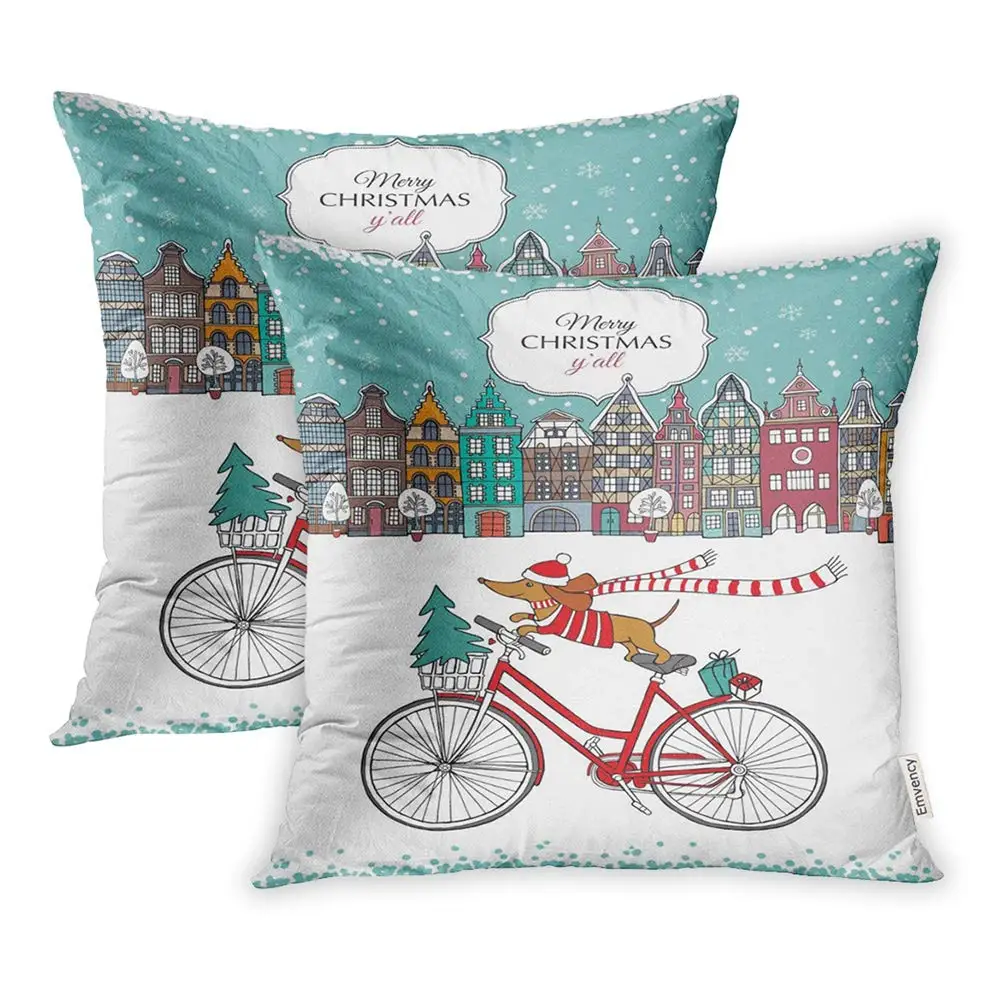 

Print Polyester Zippered Christmas European Color Houses and Dog Dachshund Bike Winter Pillowcase Square Home Bed Couch