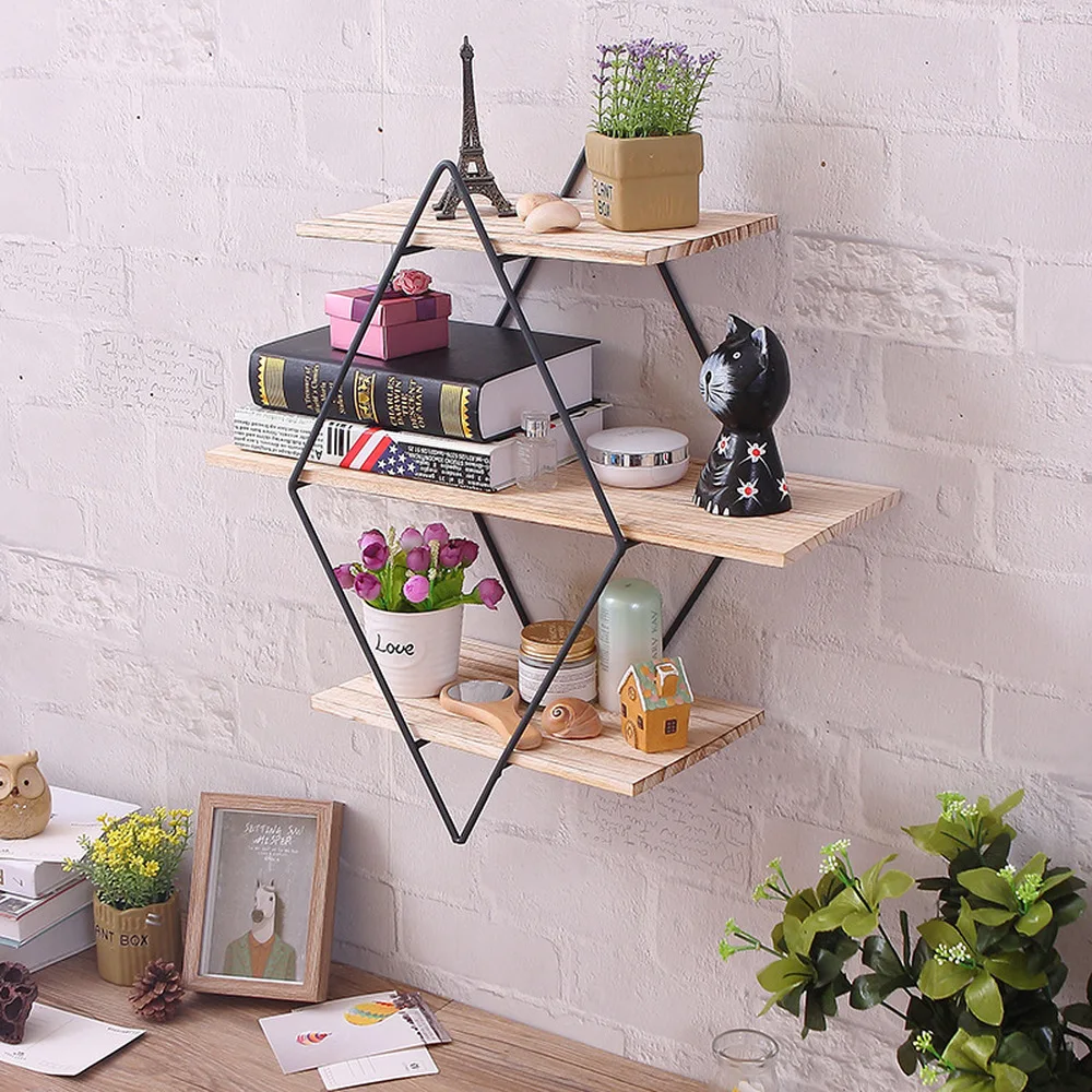 A1 Rhombus wrought iron wooden wall shelf racks Vintage solid wood wall