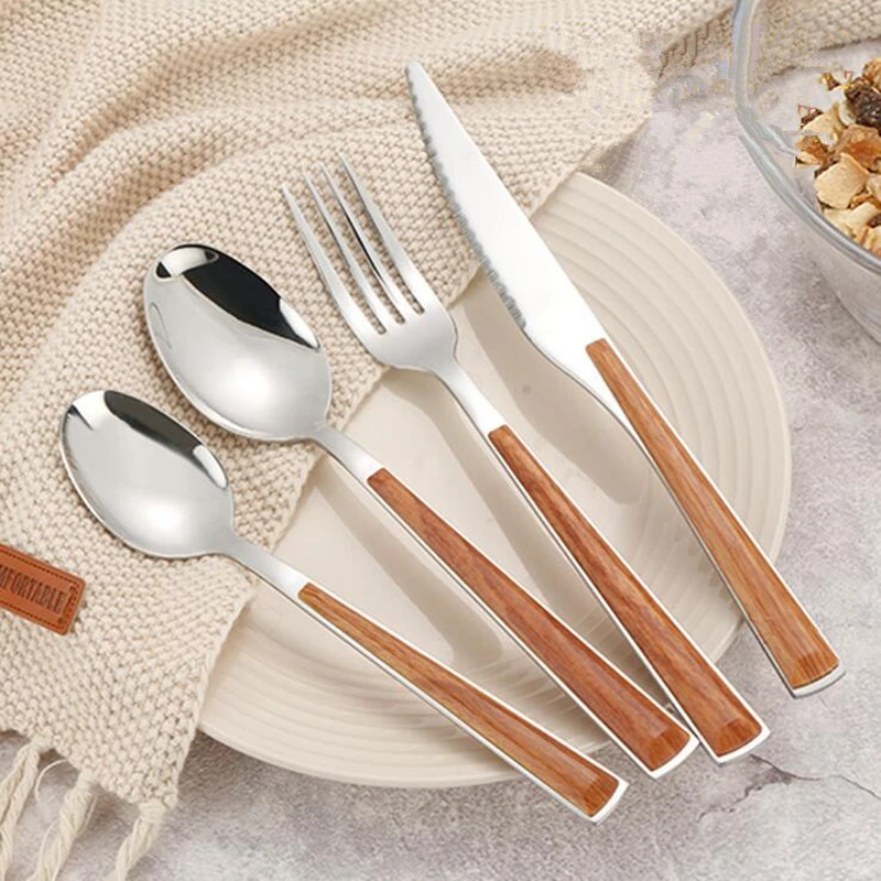 US $37.40 24pcs Kubac Hommi Quality 1810 Stainless Steel Dinnerware Set Brown Imitation Wood Handle Cutlery Set Drop Shipping