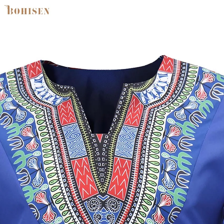 BOHISEN African Men Clothes Dashiki African Traditional Print Blue Slim Formal Dress Short Sleeve Male Clothing