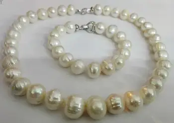 

Hot sale new Style >>>>wedding Women Jewelry set huge 12-15mm White baroque Pearl Choker Necklace bracelet Heart Clasp Natural F