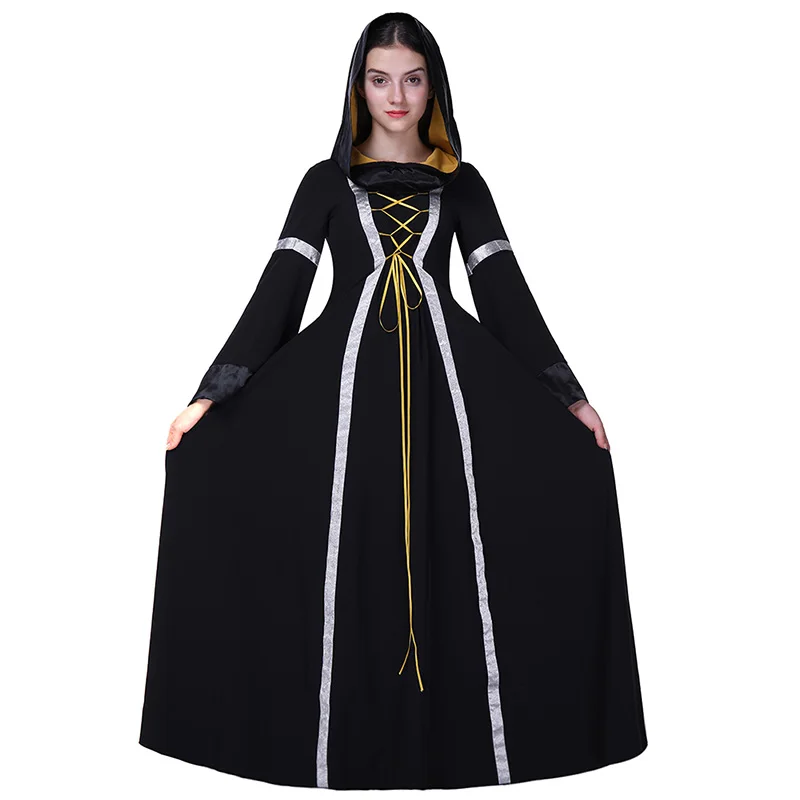 Женский костюм ведьмы на Хэллоуин для взрослых, длинное синее платье с капюшоном в средневековом стиле, одежда для женщин размера плюс