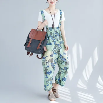 

women Rompers New printed bandwidth loose large size casual seven points sling wide leg pants bib girl