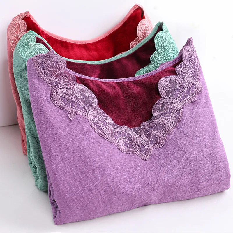 

2019 Elegant Lace Embroidery Long Johns For Winter Women Thermal Underwear Velvet Thick Warm Pajama Sexy V-neck Female Body Suit