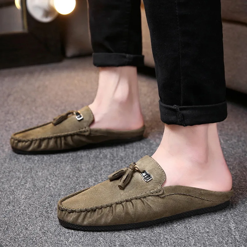 

2019 New Summer Men Flock Solid Slipper Flats Mules Shoes Slip on Slides Man Soft Leather Slipper Fashion Comfortable Plus Size