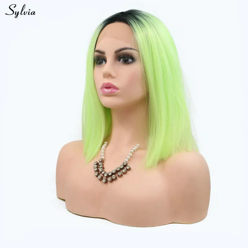 Sylvia Новый косплей парик короткие волосы боб яркий цвет синтетические кружева перед парики прямо длина плеча светло-зеленый с темный корень