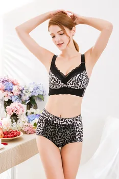

Free shipping new women plus size underwear leopard print wireless bra breathable comfortable gathered bra and panties suit