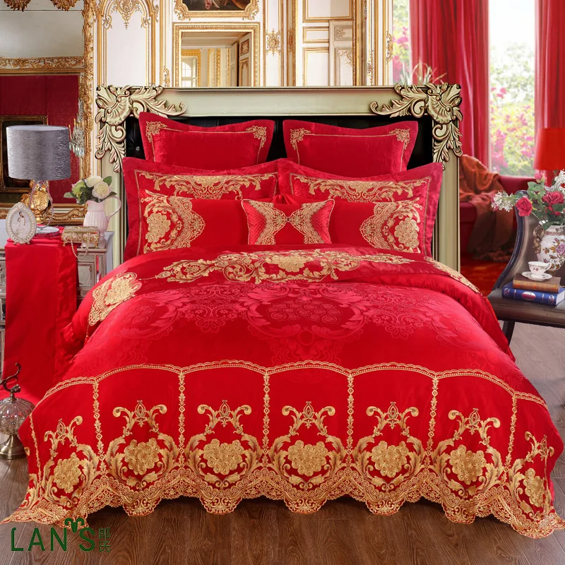 2016 Luxury Red Jacquard Satin 4pcs Bedding Sets 100 Cotton Shiny