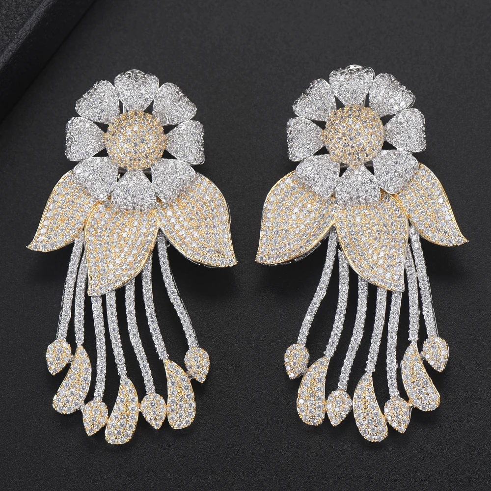 

40*70 mm Fashion Sunflower Earrings For Women Nigerian Style Full Cubic Zirconia Inlaid Dangle Drop Earrings Statement Jewelry