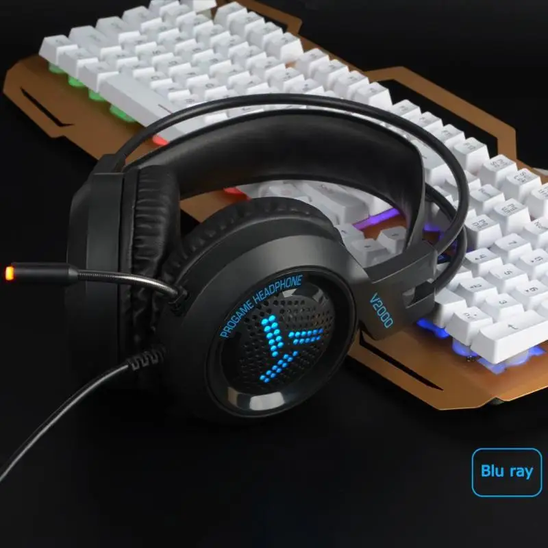 V2000 3.5mm/USB Wired RGB Lighting Gaming Music Audio Headphone with Mic Ergonomic Design for Desktop Laptops/PS4/XboxONE