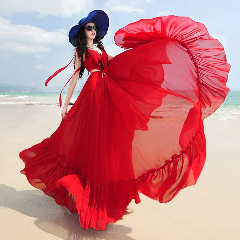 

Women Holiday Long Beach Dress 2018 New Spring Summer Red Large Pendulum Sexy Sleeveless Backless Chiffon Dress Vestidos Girls