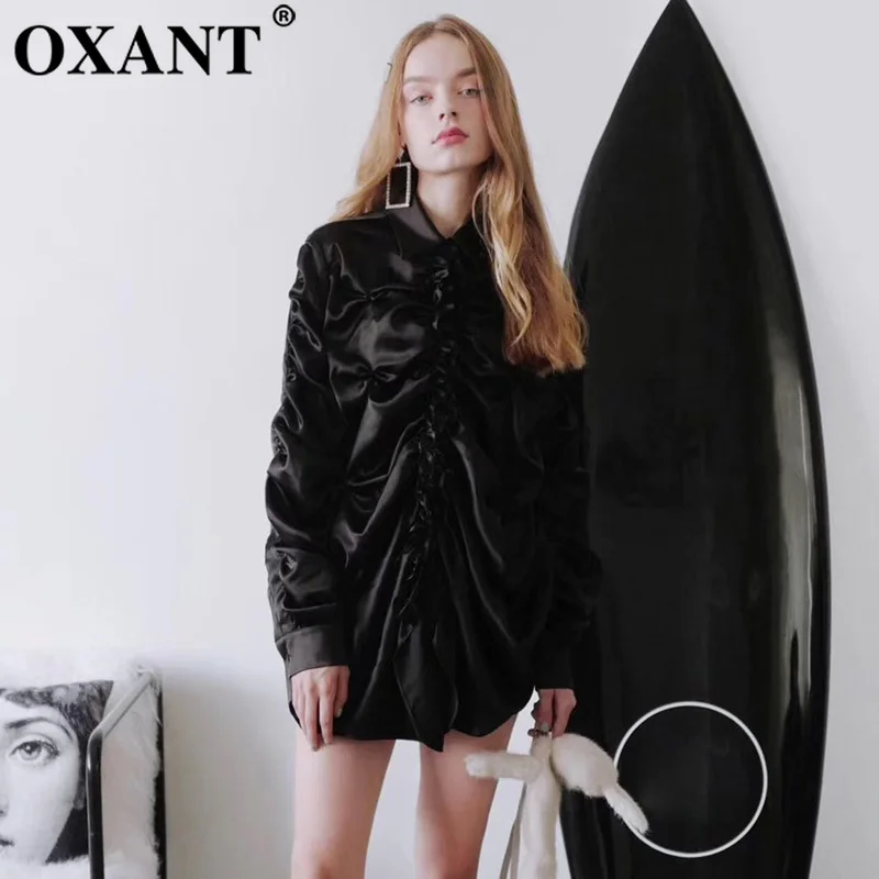 Женское платье-рубашка OXANT новинка весны и лета 2019 Драпированное четырехцветное