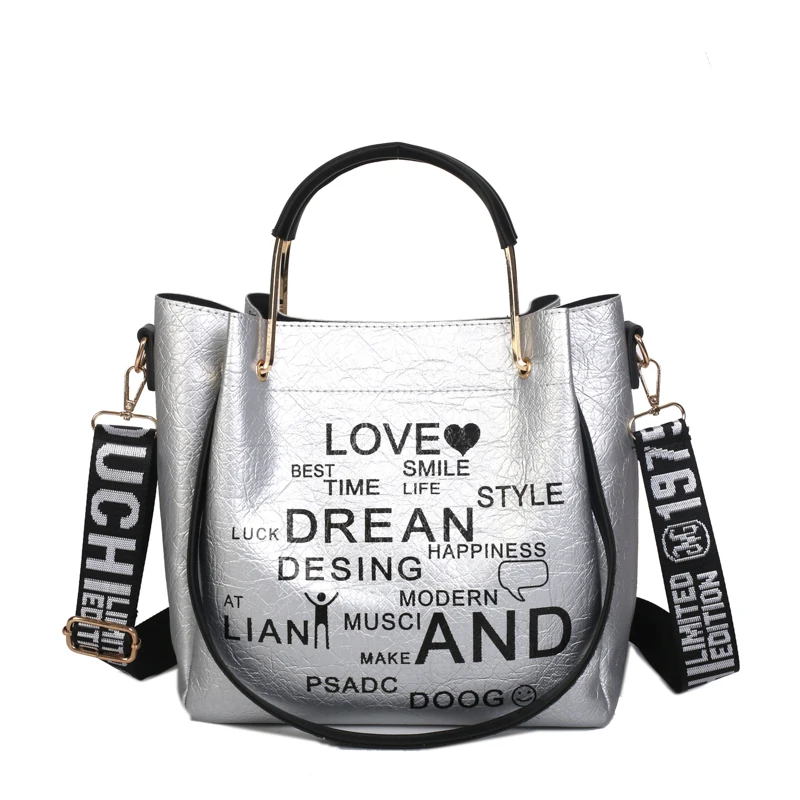 Женская сумка через плечо большой вместимости, модная сумка, Повседневная Сумка-клатч с буквенным покрытием, роскошная брендовая модная сумка - Цвет: Серебристый