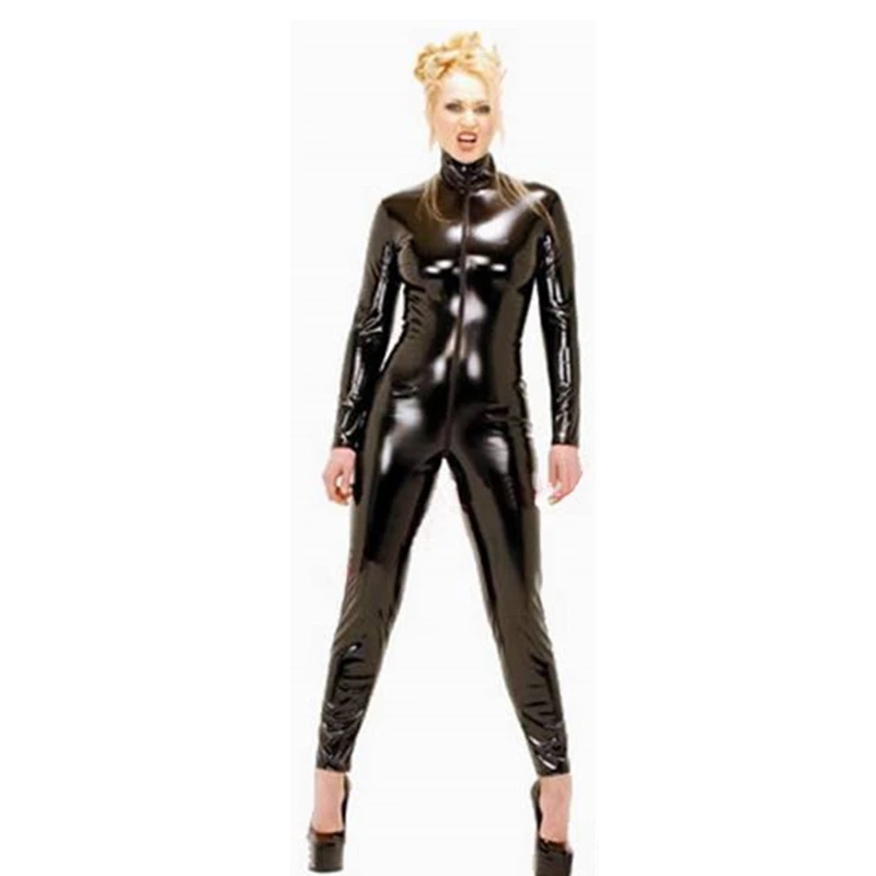 S-XXL ПВХ сексуальный латекс женский, черный блестящие кожаные комбинезон на молнии Bodycon Клубная одежда боди