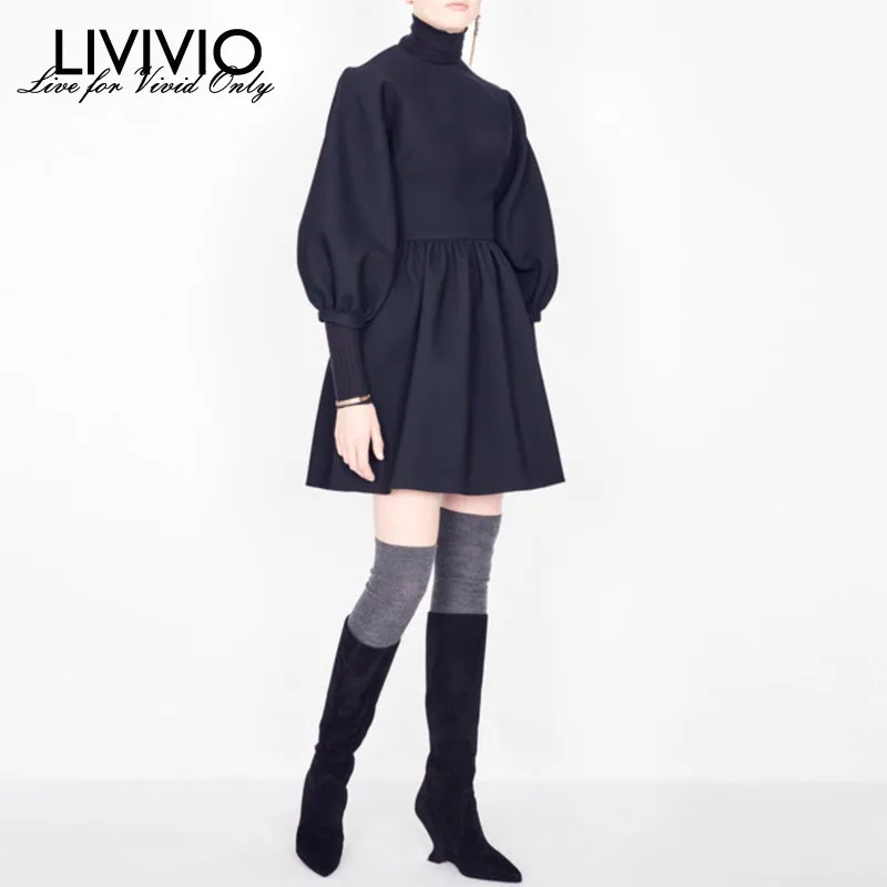 

[LIVIVIO] Black Lantern Sleeve Belt Waisted Draped Mini Dress Office Women A-line Dresses 2019 Autumn New Fashion Clothing