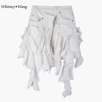 

WHITNEY WANG 2019 Summer Fashion Streetwear Appliques Asymmetrical Denim Skirt Women faldas