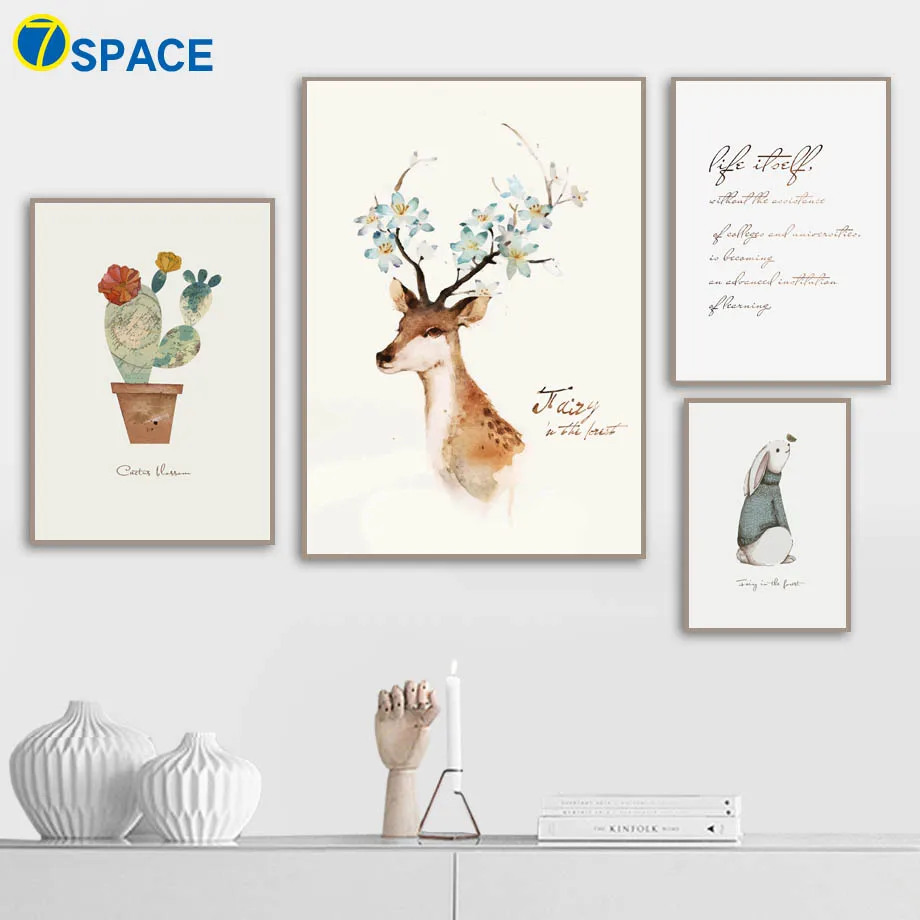 Akvarel Deer Bunny Cactus Citáty Obrazy na plátně skandinávských plakátů a tisků Obrazy na plátně Obrazy pro obývací pokoj Domácí výzdoba