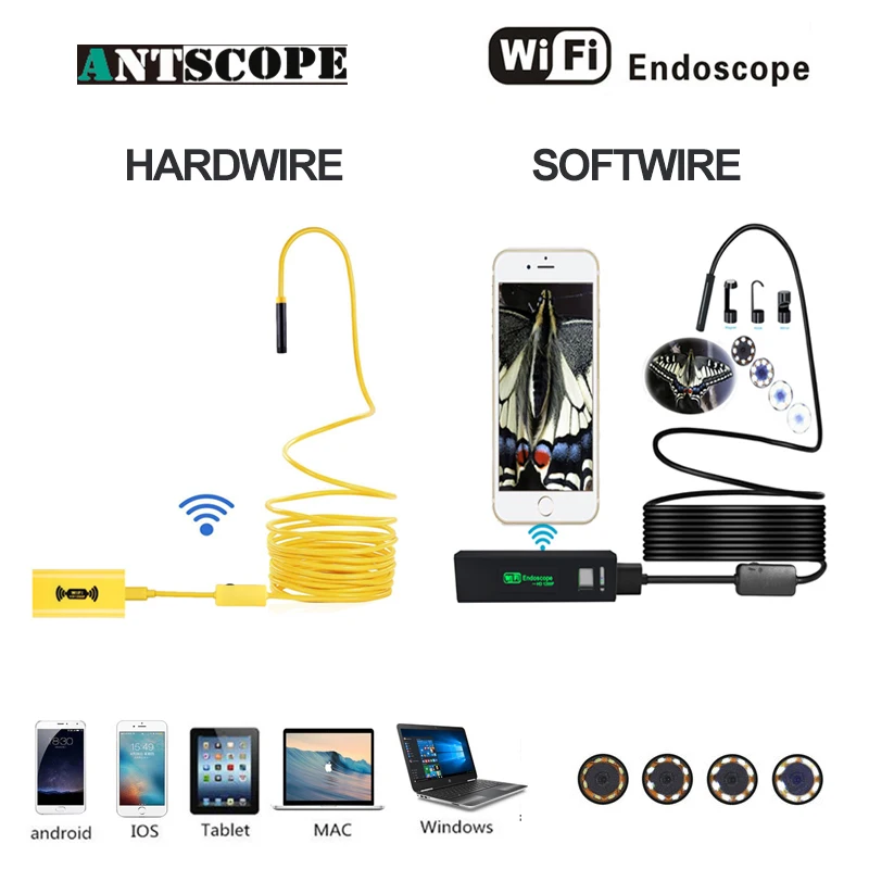 Antscope Wifi 8mm Endoscope 2/3.5/5/10M Yellow and Black Hardwire 1200P Android iOS Endoscopio Camera Inspection boroscopio 19