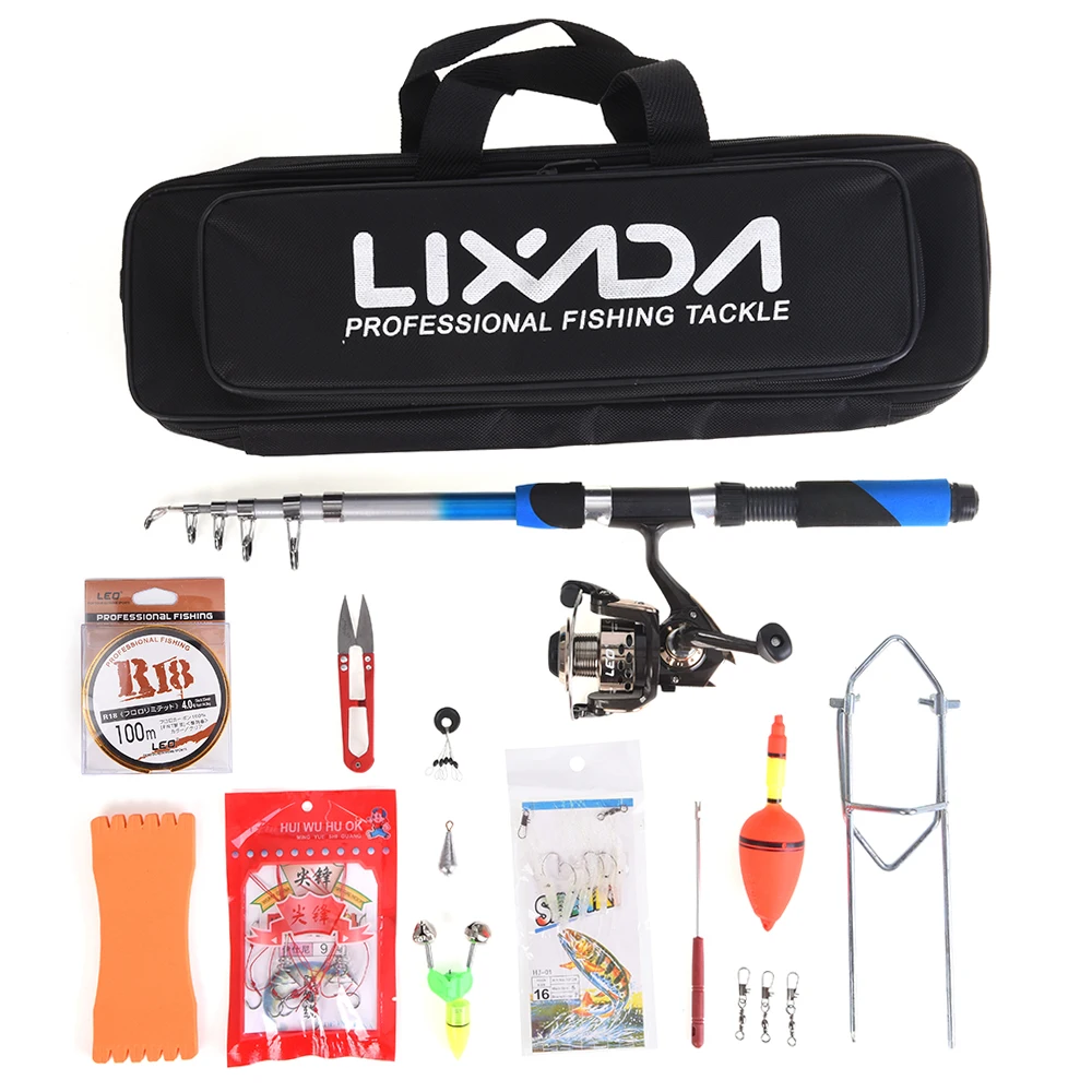 Lixada Telescopic Fishing Rod Combo with 2.1m Telescopic Fiberglass Fishing Sea Rod Spinning Fishing Reel Fishing Baits Hooks