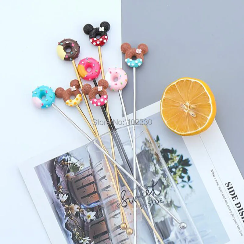 100pcs Cute Resin Donut Stainless Steel Coffee Stir Bar Bar Cocktail Mixing Spoon Stirring Rod Silver Gold