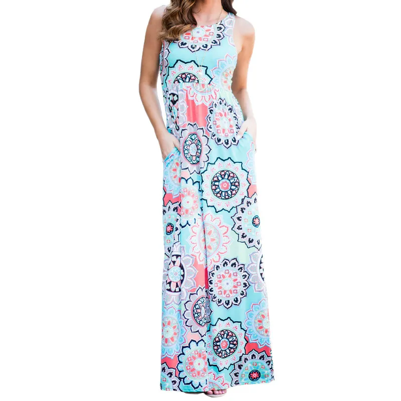 

Fashion Printed Floral Dress Women Long Maxi Dresses Robe Mujer Sleeveless O-neck Party Dress Summer Beach Boho Sundress GV146