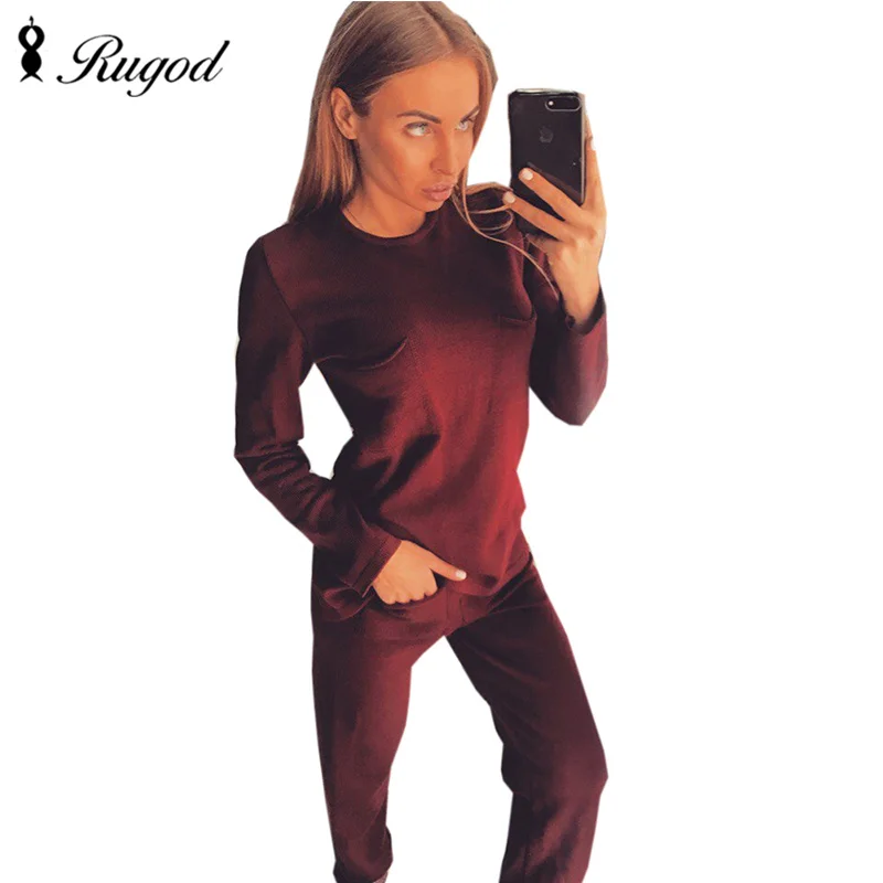 Rugod 2018 новый осенний хлопковый спортивный костюм для женщин 2 комплект из двух предметов свитер Топ + брюки для девочек Вязаный