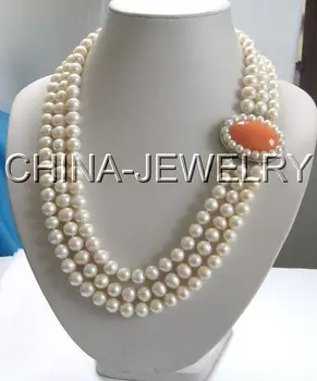 

FREE shipping> >>>Beautiful 22-24" 10mm white round freshater pearl necklace-jade&pearl clasp