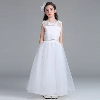 

Wholesale Floral Neck Elegant Girls Wedding Dress In White Ankle-Length Girls First Communion Dress 12pcs/Lot Free DHL LP-63