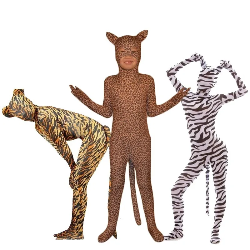 Костюм животного тигра, зебра, леопард, лайкра, Zentai, костюм косплей, карнавал, Хэллоуин, взрослый комбинезон, полноразмерные вечерние костюмы для детей