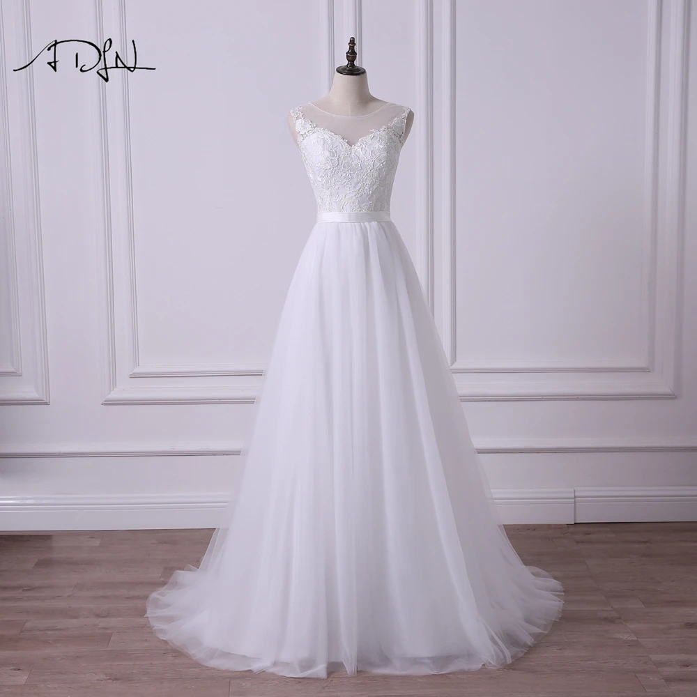 ADLN Scoop Sleeveless New A Line Wedding Dress Illusion Bodice A Line Simple Tulle Cheap Bridal