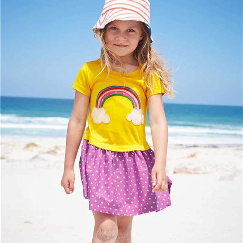 

Little maven 2-7Years Summer Rainbow Embroidered Cotton Dress For Baby Girl Fancy Child Kids Toddler Baby Girl Wave Point Dress