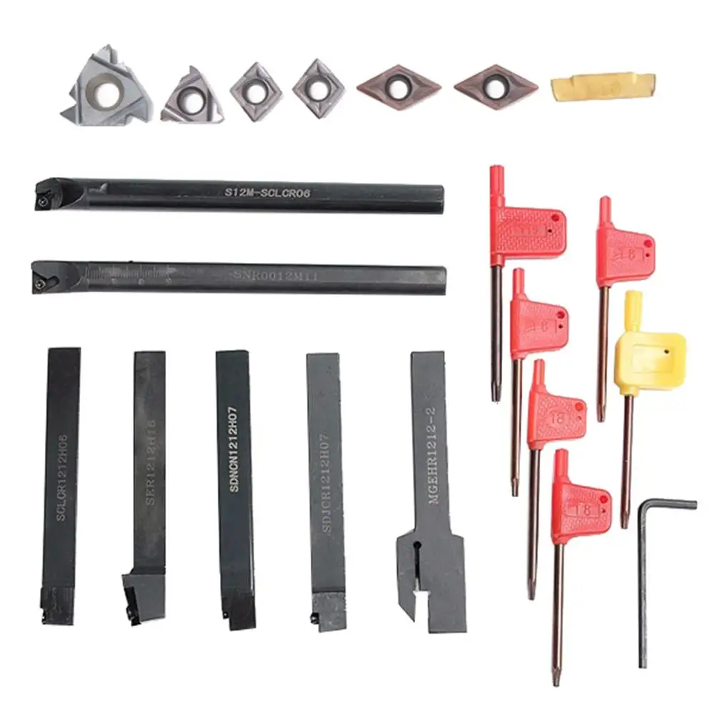 

21Pcs 12mm Shank Lathe Turning Tool Holder Boring Bar with Inserts Wrenches #01