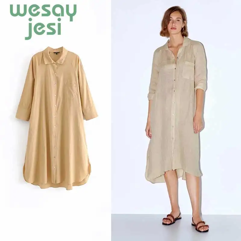 

2019 Fashion autumn New Midi Long Dress Vintage button women dress half sleeve summer Casual dresses