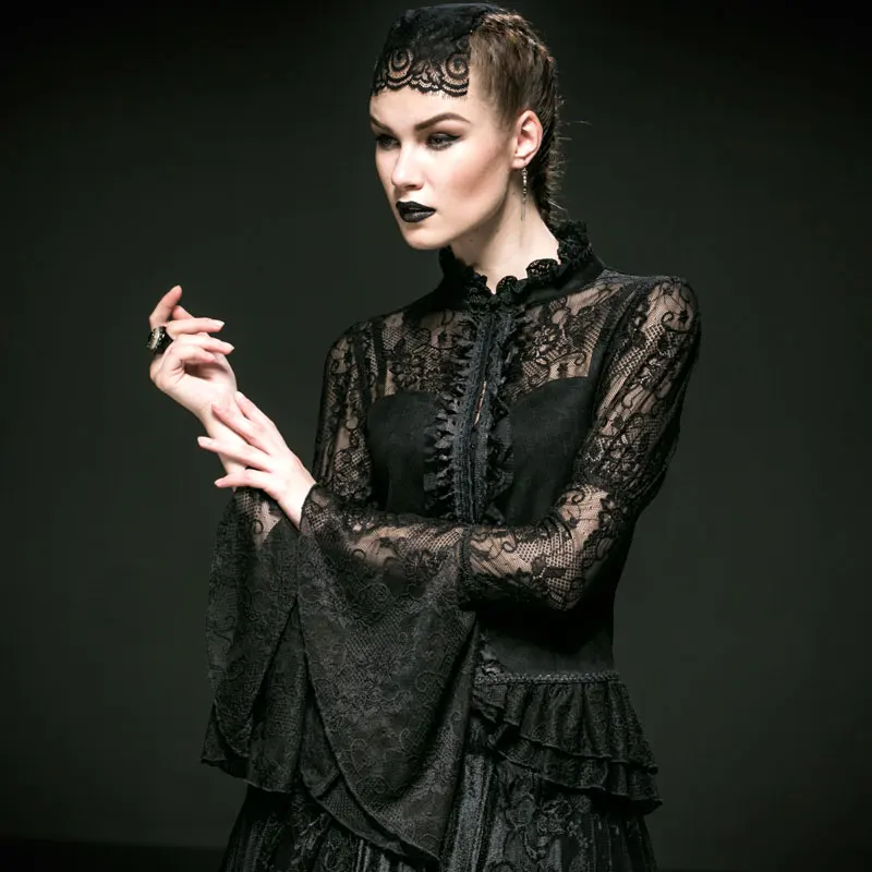 

Gothic Gorgeous Women Sexy Roses Lace Stand-Collar Shirt Top Steampunk Black Trumpet Sleeve Blouses