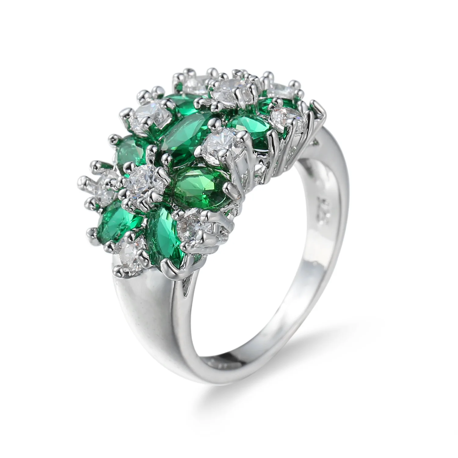 Silver Flower Green Cubic Zirconia Stone Ring for Women Girl Wedding ...