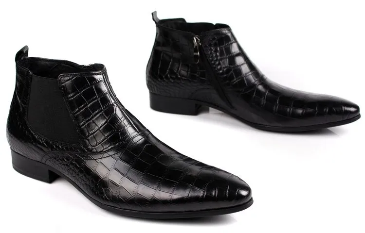 Крокодил зернистой коричневый загар/черный острый носок мужские Ботильоны Сапоги Челси из натуральной кожи мужской Обувь в деловом стиле