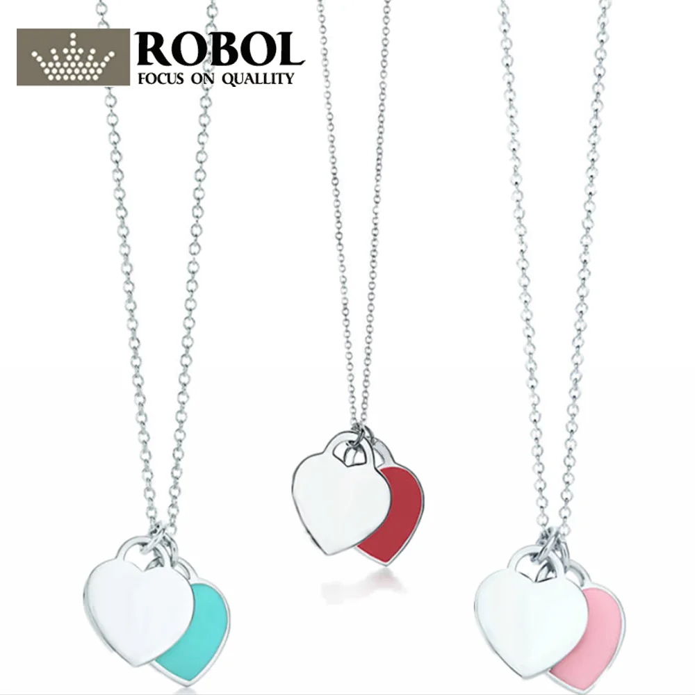 

ROBOBL Tiff 100% 925 Silver Pattern Genuine Heart-shaped Green Red Rose Pendant Necklace Glamor Simple Female Lock
