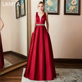 

LAMYA Long A Line Satin Evening Gowns Fashion Crystal Beading Sashes Prom Dress Backless Evening Dresses vestido longo festa