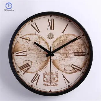 

Round Silently Quartz Needle Mute Wall Clock For Decor Minimalist Retro World Map Wall Clock Vintage Classic Watches
