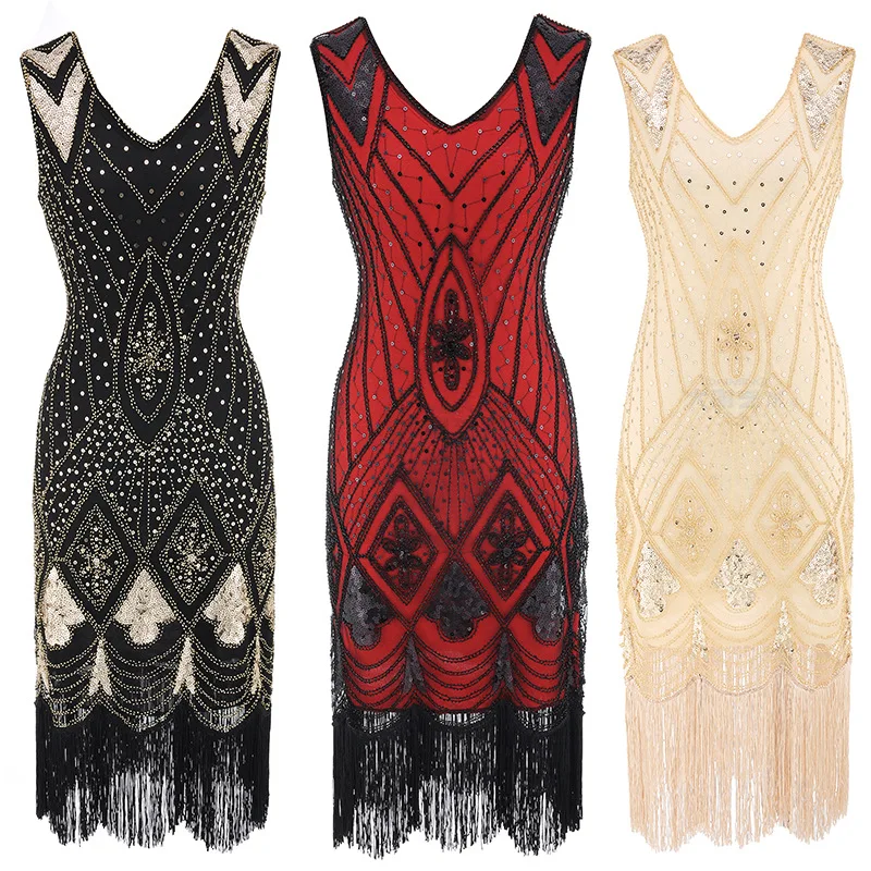 Women 1920 s Gatsby Dress Summer Sexy Party Dresses Beading V Neck Vintage Tassel Stripe Sequin Draped Fringe Flapper Dress (1)