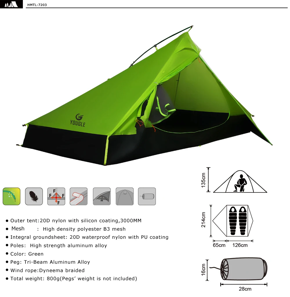 20D One Layer Two Person Ultralight Silicone Coated Backpacking Tent